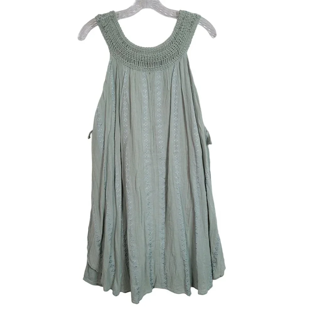 Free People Size L Dress Boho Gauze Flowy Layers Pullover Beachy Crochet Green - Picture 2 of 12